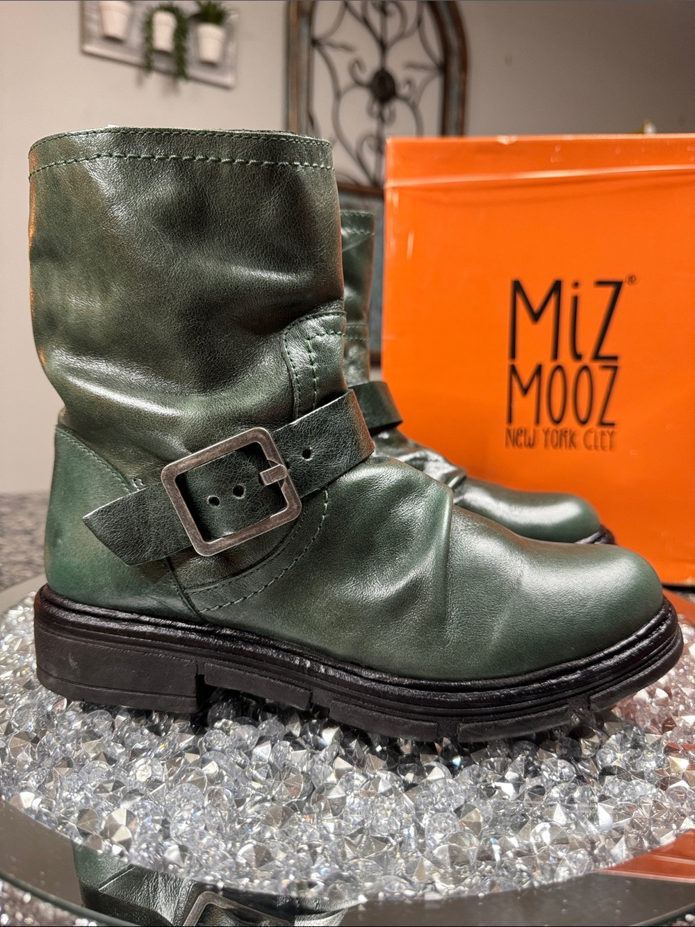 Miz Mooz Leather Forest Green Buckle Combat moto Boots NEW 7